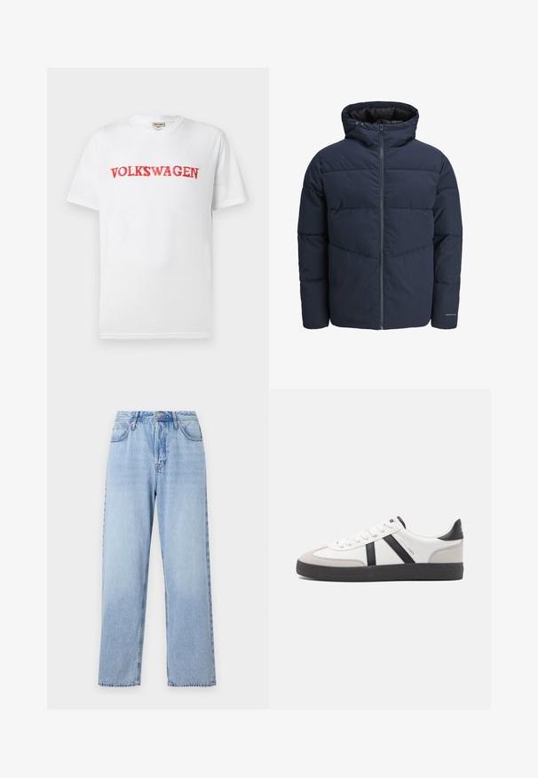 Tamsiai mėlynas pūkinis švarkas su gaubtu, užtrauktuku priekyje ir chevrono raštu. Pagamintas iš tekstūruotos medžiagos su elastinėmis rankovėmis ir logotipo detale.; Balta trumpo rankovėmis marškinėliai, kuriuose ant krūtinės yra raudonas "VOLKSWAGEN" logotipas drąsiu, šiek tiek nusidėvėjusiu šriftu. Pagaminti iš medvilnės.; Šviesiai mėlyni džinsai su tiesia siluetu, aukšta juosmens linija, penkiomis kišenėmis ir viršutiniu užsegimu. Yra išblukęs skalbimas ir kontrastingi siuvimo siūlai.; Balti sportbačiai su juodais ir pilkais akcentais, pasižymintys tekstūruotu pilku pirštų dangteliu, juoda gumine padais ir plokščiomis baltomis raišteliais. Švarus dizainas, minimalistinis stilius.