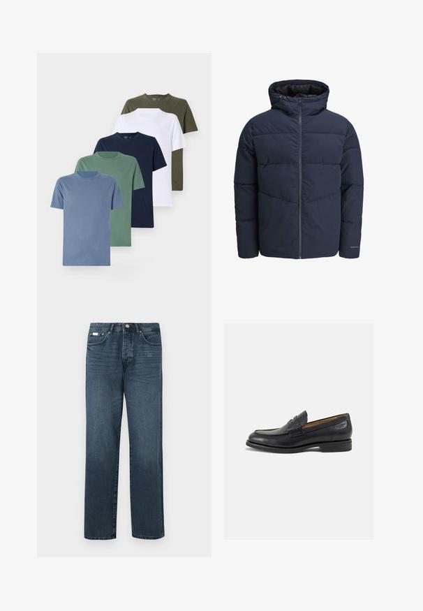 Tamsiai mėlynas pūkinis švarkas su gaubtu, užtrauktuku priekyje ir chevrono raštu. Pagamintas iš tekstūruotos medžiagos su elastinėmis rankovėmis ir logotipo detale.; Penki apvalaus kaklo marškiniai įvairių spalvų: šviesiai mėlyna, žalia, tamsiai mėlyna, balta ir alyvuogių. Pagaminti iš medvilnės, su trumpomis rankovėmis ir subtiliu logotipu.; Tamsiai mėlynos džinsinės kelnės, tiesaus modelio, su penkiomis kišenėmis, diržo kilpomis ir užtrauktuku. Lygaus tekstūros su subtiliais blukimo akcentais.; Juodi odiniai loafersai su lygiu paviršiumi, apvaliu pirštu ir dekoratyvine siūlė viršuje. Žemas sustiprintas kulnas ir lengvas blizgesys.