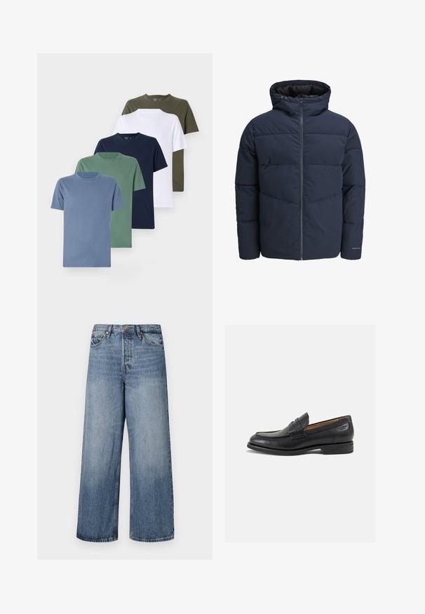 Jūras spēku stila pūkains džemperis ar kapuci, ar rāvējslēdzēju priekšpusē un ķevrona šuvju rakstu. Izgatavots no teksturēta auduma, ar elastīgām aprocēm un logotipa detalizāciju.; Piecās apģērbu pamatnes T-krekli dažādās krāsās: gaiši zilā, zaļā, tumši zilā, baltā un olīvzaļā. Izgatavoti no kokvilnas, ar īsām piedurknēm un diskrētu logotipu.; Platas kājas zils džinsu bikses ar izbalējušu apdari, piecu kabatu dizains un pogu aizdare. Aprīkotas ar jostām un piešūtu detaļu.; Melnas ādas loafers ar gludu apdari, noapaļotu purngalu un dekoratīvām šuvēm uz virsu. Zems, sakrauta papēža un neliels spīdums.