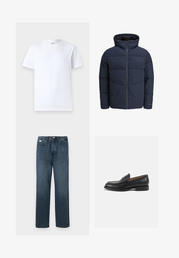 Navy puffer jacket with a hood, zip front, and chevron stitching pattern. Made from textured fabric with elastic cuffs and a logo detail.; White cotton t-shirt with a crew neckline and short sleeves. Simple design with no patterns or graphics, featuring GAP branding on the collar.; Dark blue denim jeans with a straight fit, five pockets, belt loops, and a zipper fly. Smooth texture with subtle fading details.; Black leather loafers with a smooth finish, rounded toe, and decorative stitching on the vamp. Low stacked heel and slight shine.