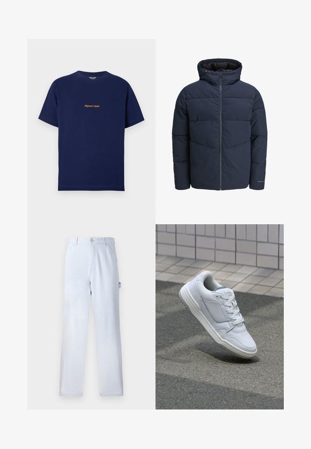 Navy pufferjakke med hette, glidelås foran og chevron søm mønster. Laget av strukturert stoff med elastiske mansjetter og logo detalj.; Marineblå bomulls-T-skjorte med korte ermer, rund hals og oransje brodert tekst "Originals Studio" midt på forsiden.; Lyseblå stripete bukser laget av bomull. Rett ben-design, med knappelukking foran og sidelommer. Myk tekstur.; Hvite lær sneakers med perforerte sider, teksturerte detaljer, flate lisser og en kontrasterende grå hæl. Har en lite hevet såle.