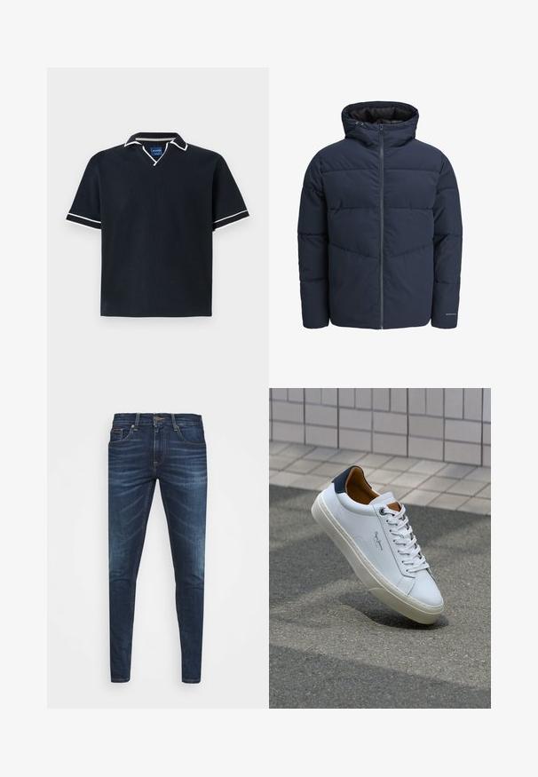 Mornarska puf jakna s kapuco, zadrgo spredaj in chevron vzorcem. Narejena iz teksturiranega blaga z elastičnimi manšetami in logotipom.; Mornarsko kratkoslečeno polo majico z V-izrezom, belim pasom na ovratniku in rokavih, teksturirano blago in ravnim robom. Modra blagovna oznaka znotraj.; Temno modri kavbojke ozkega kroja, s subtilnim bledenjem, petimi žepi in kovinskim zapiranjem na gumb. Oštrikanje z akcenti v kontrastni barvi.; Beli usnjeni čevelj s plavo peto, okrogelimi prsti in kontrastnimi rjavimi detajli. Ima ravne vezalke in teksturiran gumijast podplat.