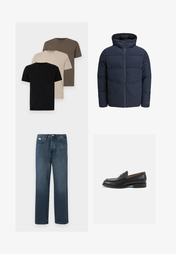 Tumesinine puhvpusa, millel on kapuuts, lukuga ees ja chevroni tikandi muster. Valmistatud tekstuursetest kangast, millel on elastsed mansetid ja logodetail.; Kolm lühikese varrukaga T-särki: must, beež ja pruun. Valmistatud puuvillast, ümarate kaeluste ja diskreetse logoga rinnal. Sile tekstuur.; Tumed sinine denim materjalist sirge lõikega teksad, viie taskuga, vöödega ja lukuga. Sile tekstuur koos kergete pleekimisdetailidega.; Mustad mustad nahast loafers, sujuva viimistlusega, ümar sirge ja dekoratiivne tikand peal. Madal ja kergelt kuhjatud konts ning kerge läige.