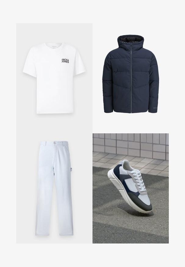 Jachetă puffer de culoare bleumarin cu glugă, închidere cu fermoar pe față și model de cusături în formă de V. Fabricată dintr-un material texturat, cu manșete elastice și detalii cu logo.; Trișor alb din bumbac, cu mâneci scurte și guler rotund. Prezintă un logo cu text negru "JACK & JONES" în zona stângă a pieptului. Design simplu, de bază.; Pantaloni de bumbac raiati de culoare bleu deschis. Design cu picioare drepte, dotati cu un închidere frontală cu nasture și buzunare laterale. Textură moale.; Tenisi albi, bleumarin și gri, cu un design din materiale mixte, având un superior texturat, șireturi plate și o talpă căptușită.