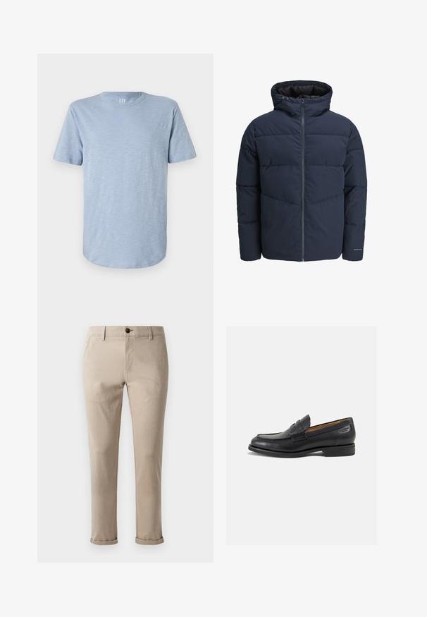 Jūras spēku stila pūkains džemperis ar kapuci, ar rāvējslēdzēju priekšpusē un ķevrona šuvju rakstu. Izgatavots no teksturēta auduma, ar elastīgām aprocēm un logotipa detalizāciju.; Gai zils īsām piedurknēm T-krekls, kas izgatavots no mīkstas auduma, ar apļa izgriezumu un taisnu apakšmalu ar smalku tekstūru.; Jack & Jones STMARCO FURY NOOS - Chinos tipa bikses - atmosphere; Melnas ādas loafers ar gludu apdari, noapaļotu purngalu un dekoratīvām šuvēm uz virsu. Zems, sakrauta papēža un neliels spīdums.