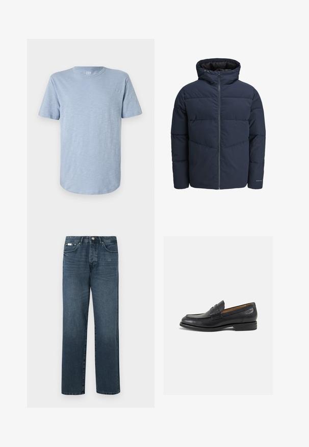 Navy pufferjakke med hette, glidelås foran og chevron søm mønster. Laget av strukturert stoff med elastiske mansjetter og logo detalj.; Lyseblå kortermet T-skjorte laget av myk stoff, med rund hals og rett nederkant med en subtil tekstur.; Mørkeblå denimjeans med rett passform, fem lommer, beltehemper og glidelås. Jeansen har en jevn tekstur med subtile falming detaljer.; Sorte lær loafers med en glat overflade, rund tå og dekorativ syning på forfoden. Lav stablet hæl og let glans.