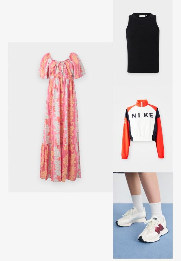 Kroppad Nike-jacka med hög krage, vit kropp, röda och marinblå ärmar, svart logotyp framtill, elastisk midja och manschetter, sportig design.; Vaaleanpunainen maxi-mekko puffi-hihoilla, edessä solmittava kaula-aukko sekä keltainen ja vaaleansininen kukkakuvio.; Mustapaitainen hihaton toppi, joka on valmistettu ribbikankaasta, jossa on pyöreä kaula-aukko ja pieni logo edessä. Yksinkertainen, vartalonmyötäinen muotoilu.; Pari valkoisia tennareita, joissa on maroon-väriset yksityiskohdat, teksturoituja paneleita, litteä musta pohja ja vaaleat nauhat, käytettyinä valkoisten nilkkasukkien kanssa.