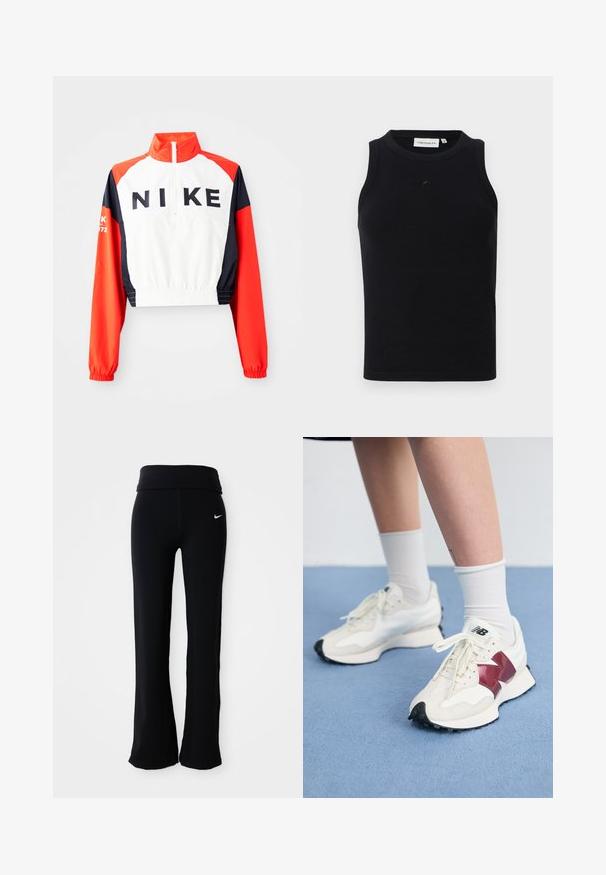 Krótka kurtka Nike z wysokim kołnierzem, biała góra, czerwone i granatowe rękawy, czarne logo z przodu, elastyczny pas i mankiety, sportowy design.; Czarna bezrękawnikowa bluzka wykonana z ribbowanej tkaniny, z okrągłym dekoltem i małym logo z przodu. Prosty, dopasowany krój.; Czarne spodnie sportowe z szerokim pasem, wykonane z gładkiego, elastycznego materiału. Posiadają małe, białe logo Nike na biodrze.; Para białych sneakersów z bordowymi akcentami, teksturowanymi panelami, płaską czarną podeszwą i jasnymi sznurowadłami, noszonych z białymi skarpetkami do kostek.