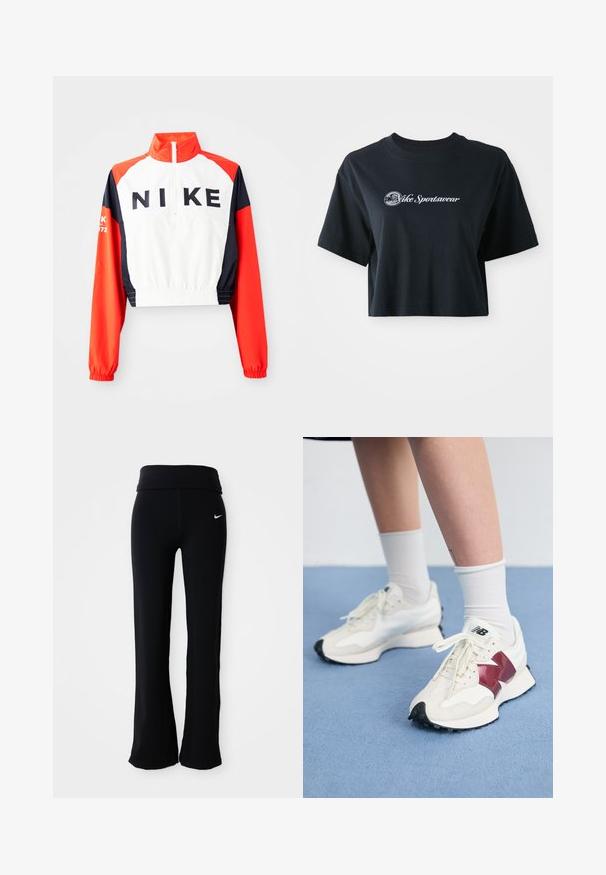 Cropped Nike jacket with high collar, white body, red and navy sleeves, black logo on front, elastic waist and cuffs, sporty design.; Cropped black cotton t-shirt with short sleeves, featuring white text "Vice Sportswear" and a circular graphic on the front.; Black athletic pants with a wide waistband, made of a smooth, stretchy material. Features a small, white Nike logo on the hip.; Pair of white sneakers with maroon accents, textured panels, flat black outsole, and light laces, worn with white ankle socks.