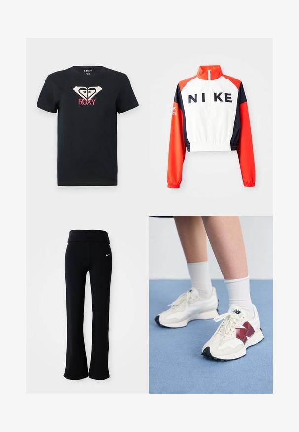 Nukirptas Nike džemperis su aukštu apykakle, balta kūno dalimi, raudonais ir tamsiai mėlynais rankovėmis, juodas logotipas priekyje, elastingas liemuo ir rankogaliai, sportiškas dizainas.; Juodas medvilninis marškinėliai su apvaliu iškirpimu. Yra kreminės ir rausvos spalvos grafika, centre ant krūtinės. Trumpomis rankovėmis, standartinio kirpimo.; Juodos sportinės kelnės su plačiu juosmeniu, pagamintos iš lygios, tamprios medžiagos. Ant klubo yra mažas baltas Nike logotipas.; Balti sportbačiai su bordo akcentais, tekstūriniais paviršiais, plokščiomis juodomis pado dalimis ir šviesiomis raišteliais, dėvimi su baltais kulkšnų ponoškais.