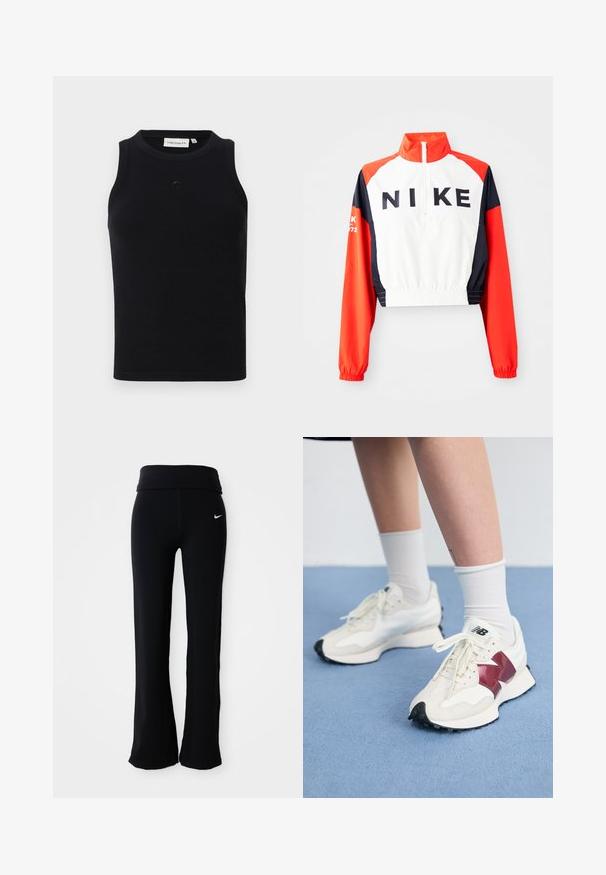 Ingekorte Nike-jas met hoge kraag, witte body, rode en marineblauwe mouwen, zwart logo op de voorkant, elastische taille en manchetten, sportief ontwerp.; Zwarte mouwloze tanktop van ribstof, met een ronde halslijn en een klein logo aan de voorkant. Eenvoudig, nauwsluitend ontwerp.; Zwarte sportbroeken met een brede tailleband, gemaakt van een gladde, rekbare stof. Voorzien van een klein, wit Nike-logo op de heup.; Een paar witte sneakers met bordeauxrode accenten, getextureerde panelen, een platte zwarte buitenzool en lichte veters, gedragen met witte enkelsokken.