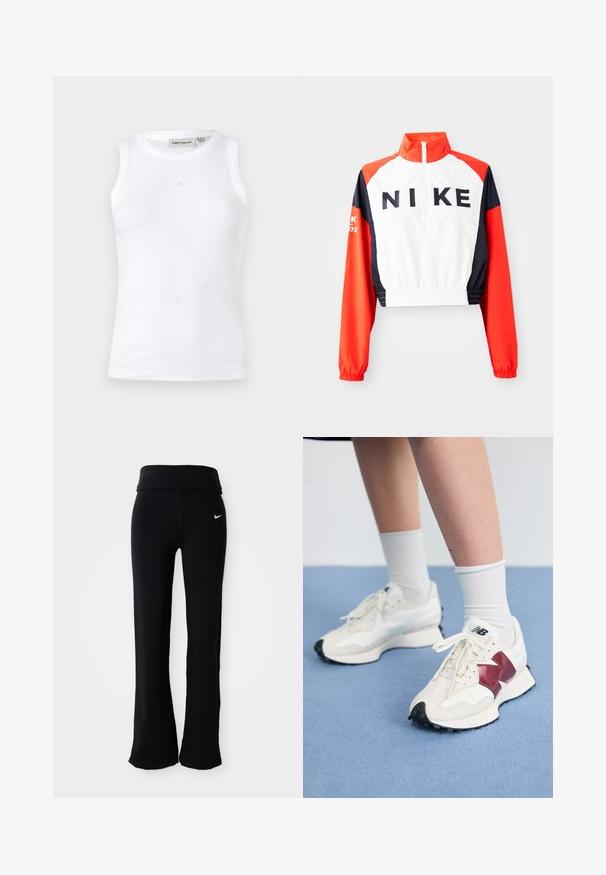 Veste Nike courte avec col montant, corps blanc, manches rouge et marine, logo noir à l'avant, taille et poignets élastiques, design sportif.; Débardeur blanc sans manches en tissu côtelé. Présente un col rond et un petit logo au centre à l'avant. Design simple.; Pantalons de sport noirs avec une taille large, fabriqués dans un matériau lisse et extensible. Présente un petit logo Nike blanc sur la hanche.; Une paire de baskets blanches avec des accents bordeaux, des panneaux texturés, une semelle noire plate et des lacets légers, portées avec des chaussettes blanches mi-mollet.