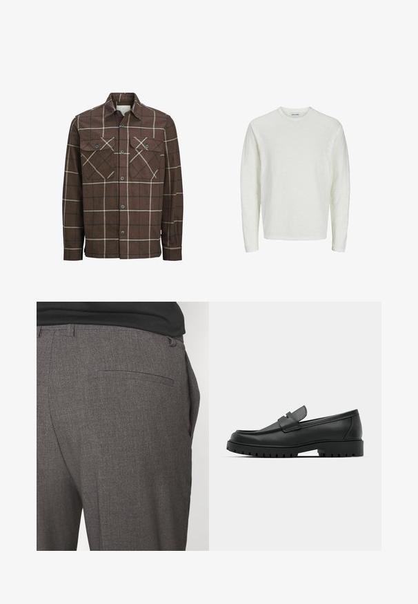 Rjava karirana flanelasta srajca z gumbom spredaj, dvema žepoma na prsih in kontrastnima kremnimi ter temnimi črtami, ki ima klasičen ovratnik.; Majica s dolgimi rokavi v off-white barvi, iz teksturirane tkanine. Oblikovana je z okroglim izrezom, brezšivnimi rameni in ravnim robom. Brez vidnih vzorcev ali akcentov.; Sive tailored hlače z gladko teksturo, ki vsebujejo eno zadnjo žep in obliko v slim fit. Tkanina ima subtilen vzorec.; Črne usnjene loafers čevlje z zaobljenim nosom, ki imajo šivano zasnovo, nizko platformo in teksturiran, profiliran gumijast podplat.