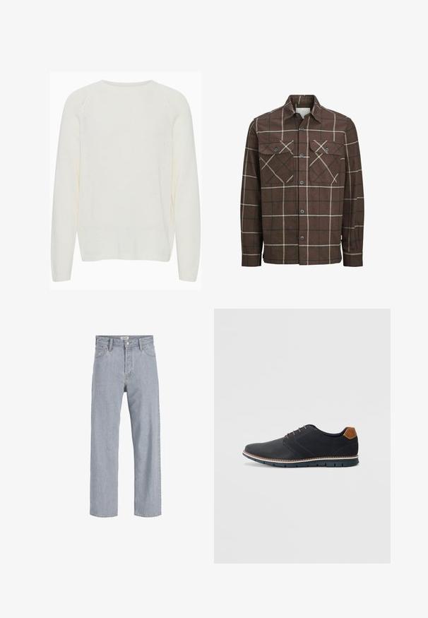 Hnědá kostkovaná flanelová košile s knoflíkovým zapínáním vpředu, dvěma náprsními kapsami a kontrastními krémovými a tmavými pruhy, s klasickým límečkem.; Bílý pletený svetr s kulatým výstřihem, dlouhými raglánovými rukávy, žebrovanými manžetami a mírně volným střihem. Textura vypadá měkce a lehce.; Světlé modré denimové džíny s uvolněným střihem, rovnými nohavicemi, viditelným šitím, dvěma předními kapsami a zapínáním na knoflík.; Černé syntetické boty s texturovaným svrškem, hladkými detaily, hnědým podpatkem a kontrastní podrážkou. Obsahují minimální šněrování a švy.