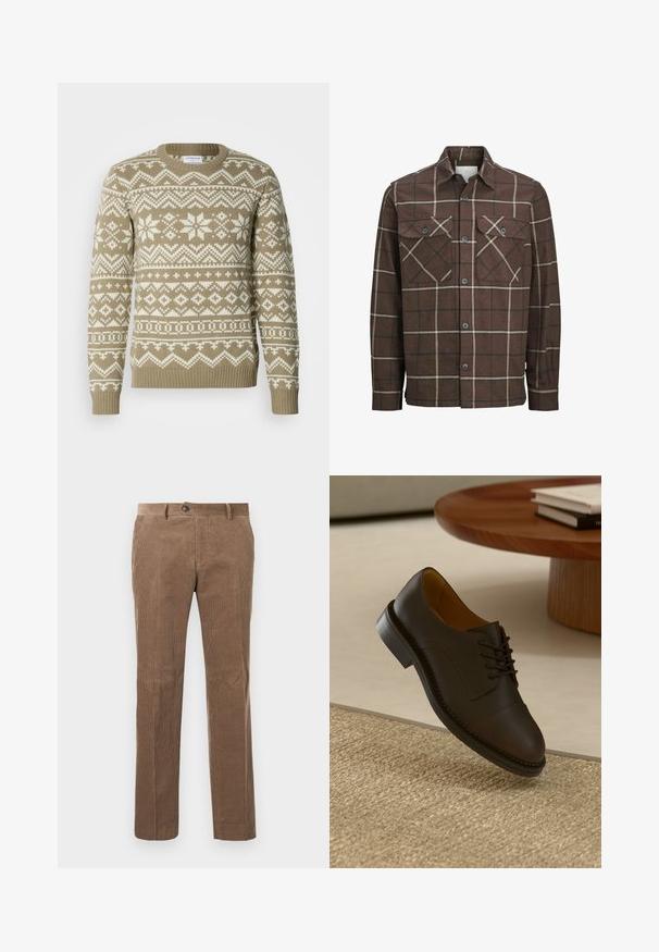 Braun kariertes Flanellhemd mit Knopfverschluss, zwei Brusttaschen und kontrastierenden cremefarbenen und dunklen Linien, ausgestattet mit einem klassischen Kragendesign.; Strickpullover in sandbeige mit weißen geometrischen und floralen Mustern. Verfügt über einen runden Halsausschnitt sowie gerippte Bündchen und Saum.; Braune Cordhosen mit vertikaler Rippstruktur, geradem Bein-Design, einem Knopfverschluss und zwei Fronttaschen.; Braune Lederdressschuhe mit strukturierter Oberfläche, Schnürdesign, kontrastierenden Nähten und einer strapazierfähigen Gummisohle, die über einem gewebten Teppich schwebt.