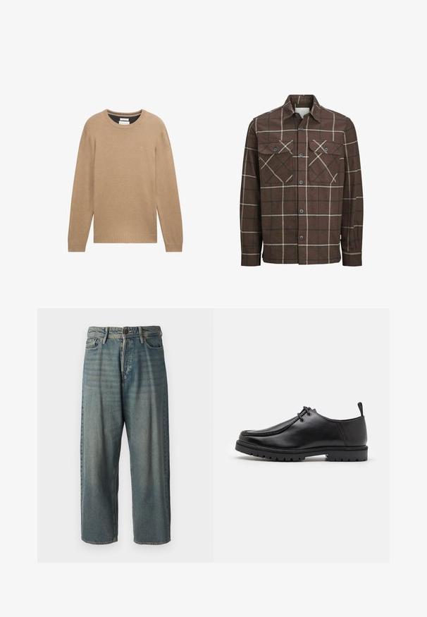 Hnědá kostkovaná flanelová košile s knoflíkovým zapínáním vpředu, dvěma náprsními kapsami a kontrastními krémovými a tmavými pruhy, s klasickým límečkem.; Beige pletený svetr s kulatým výstřihem, dlouhými rukávy a žebrovanými manžetami a spodním lemem. Na hrudi je malá nášivka.; Světle modré denimové džíny s volným střihem, středně vysokým pasem a rovnými nohavicemi. Obsahují pět kapes, poutka na opasek a zapínání na knoflík.; Černé kožené šněrovací boty s robustní podrážkou a poutkem na patě, zobrazené ze strany na bílém pozadí.
