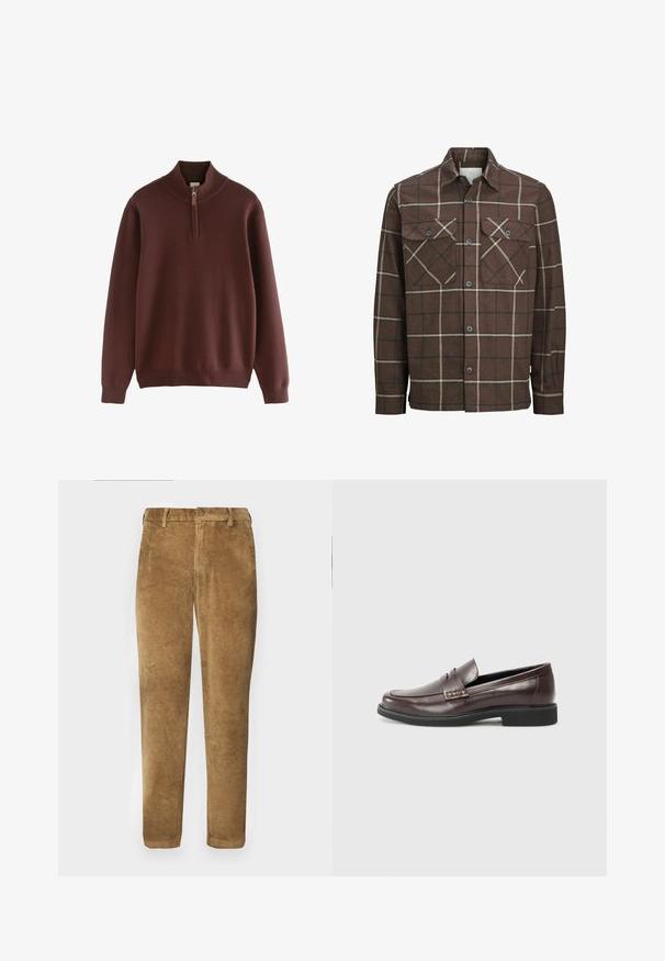 Rudas languotas flanelinis marškiniais su mygtukų uždarymu priekyje, dviem krūtinės kišenėmis ir kontrastingomis kremine ir tamsiomis linijomis, turintis klasikinio tipo apykaklę.; Next Džemperis - burgandy; Rudų aksominių kelnių su vertikaliu raukšlėtu tekstūru, tiesiu kirpimu, sagčių uždarymu ir diržo kilpomis. Lygus audinys su minkštu paviršiumi.; Rudi odiniai loaferiai su lygiu paviršiumi, turintys subtilų siūlių akcentą viršuje ir juodą gumos padą.