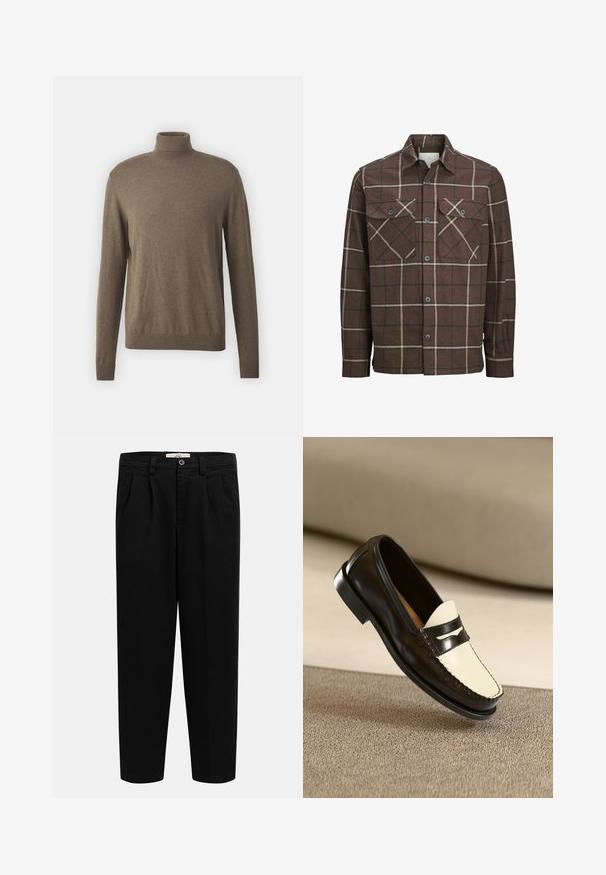 Rjava karirana flanelasta srajca z gumbom spredaj, dvema žepoma na prsih in kontrastnima kremnimi ter temnimi črtami, ki ima klasičen ovratnik.; Rjav pulover z visokim ovratnikom, izdelan iz mehkega materiala, z dolgimi rokavi, rebrastim ovratnikom in robom ter gladko, enakomerno teksturo.; Črne hlače z visokim pasom in ravnimi hlačnicami, z zankami za pas, sprednjimi gubami, stranskimi žepi ter z gumbom za zapenjanje na pasu.; Črne usnjene loafersice s kremasto barvo na zgornjem delu in črnimi akcentnimi črtami, ki imajo nizko peto in podrobno šivanje ob robovih.