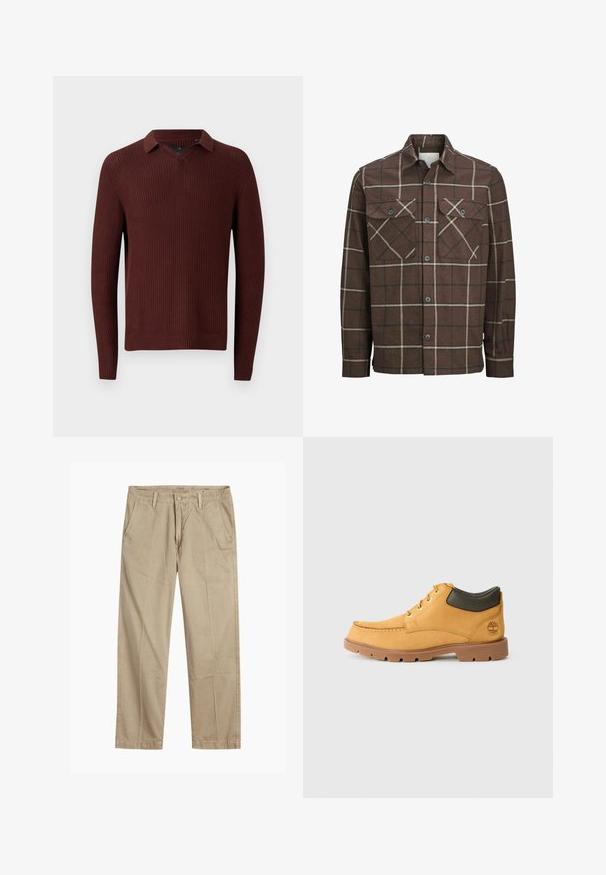 Barna kockás flaneling, gombos elülső résszel, két mellzsebbel, kontrasztos krém és sötét csíkokkal, klasszikus galléros kivitelben.; Barna, textúrált kötött pulóver gallérral, V-nyakú szabással, hosszú ujjakkal, bordázott mandzsettákkal és derékkal.; Beige egyenes szárú chino nadrág övhurkokkal, elülső gombos és cipzáras záródással, valamint ferde elülső zsebekkel.; Sárga bőr cipő barna gumitalppal, kerek orral és zöld bőr bokadísszel. Arany fűzőlyukakkal és varrási díszítésekkel rendelkezik.