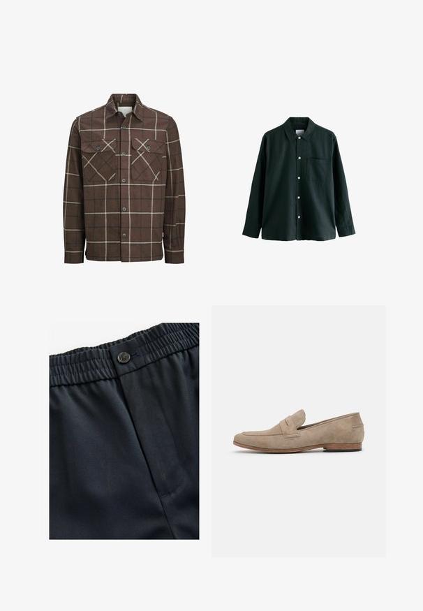 Brūns škots flaneles krekls ar pogu priekšā, divām krūšu kabatām un kontrastējošām krēmkrāsas un tumšām līnijām, ar klasisku apkakles dizainu.; Tumši zaļš krekls ar apkakli, garām piedurknēm un vienu krūšu kabatu; ir baltas pogas un maiga tekstūra.; Tums zila, viegla auduma ar gludu tekstūru. Iespējo elastīga jostasvieta ar pogu aizdari un vienu sānu kabatu.; Gaišbrūna zamšā ražota loafer tipa kurpe ar minimālu vīlēšanu, plakanu papēdi un ādas zoli. Iezīmē viena siksniņa akcents netālu no vamp. Plakana siluets.