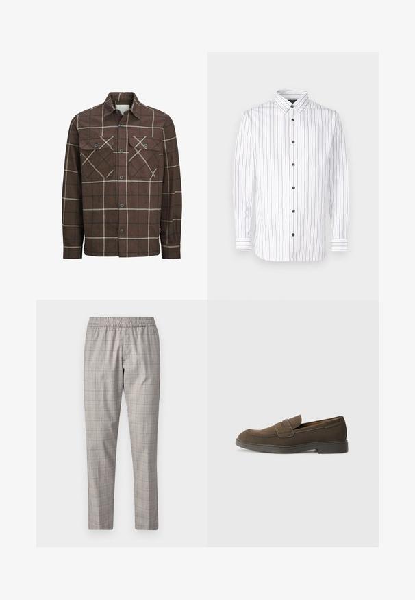 Brązowa koszula flanelowa w kratę z zapięciem na guziki z przodu, dwiema kieszeniami na piersi oraz kontrastowymi kremowymi i ciemnymi liniami, z klasycznym kołnierzykiem.; Biała koszula z długim rękawem, w wąskie pionowe paski w kolorze czerwonym i niebieskim, z zapięciem na guziki, z ostro zakończonym kołnierzykiem i czarnymi guzikami.; Jack & Jones PREMIUM STKANE EDWIN brązowy; Brązowe zamszowe mokasyny z okrągłym noskiem, paskiem na wierzchu i płaską gumową podeszwą. Prosty design z czystymi liniami i minimalnym wykończeniem.