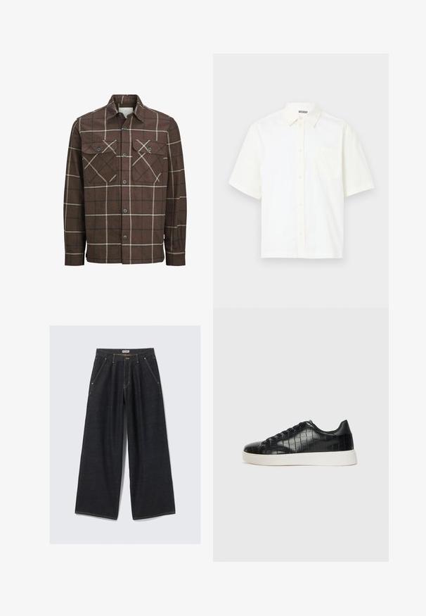 Camicia in flanella a scacchi marrone con chiusura a bottoni, due tasche sul petto e linee contrapposte in crema e scuro, dotata di un classico collo.; Camicetta a maniche corte con bottoni in cotone bianco sporco. Presenta un colletto e una tasca sul lato sinistro del petto, con un design semplice e una texture morbida.; Jeans ampi di colore blu scuro con pieghe anteriori, tasche inclinate, passanti per cintura e chiusura con bottone in vita etichettata "WEEKDAY."; Sneaker nere con una toma superiore in pelle con effetto croc embossato, punta rotonda e suola in gomma bianca a contrasto con una finitura liscia.