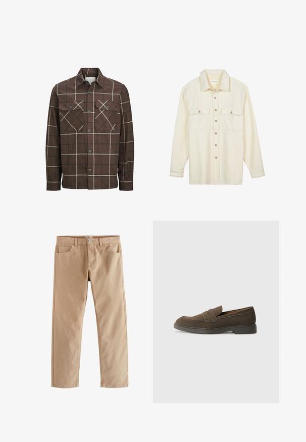 Camisa de franela a cuadros marrón con botones en la parte delantera, dos bolsillos en el pecho y líneas contrastantes en crema y oscuro, con un diseño de cuello clásico.; Pier One Camisa - off white; Next Authentic Stretch - Vaqueros rectos - wheat; Mocasín de ante marrón con puntera redondeada, una correa en el empeine y una suela de goma plana. Diseño simple con líneas limpias y mínimo detalle.