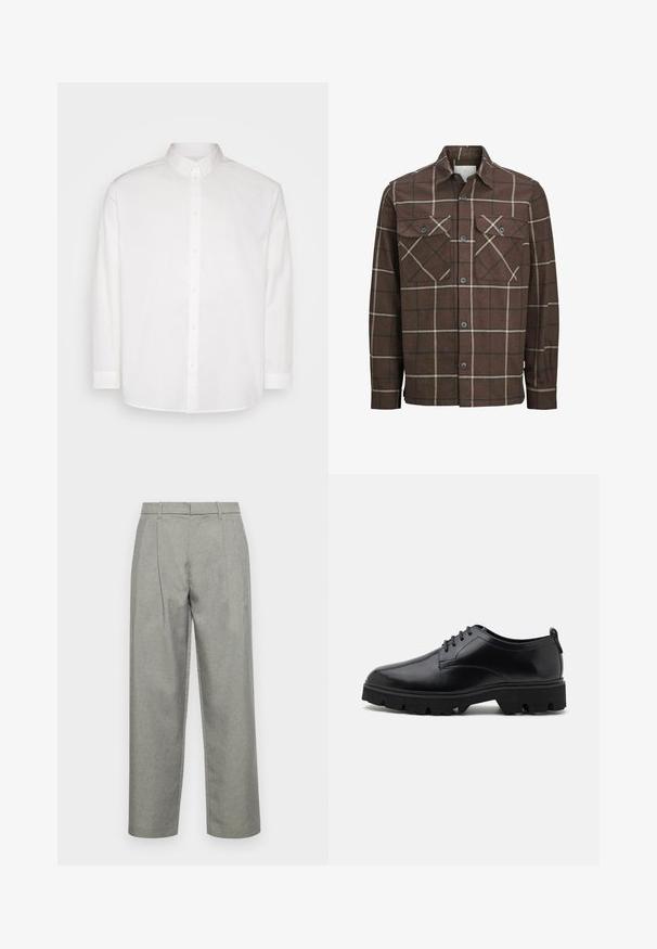 Braun kariertes Flanellhemd mit Knopfverschluss, zwei Brusttaschen und kontrastierenden cremefarbenen und dunklen Linien, ausgestattet mit einem klassischen Kragendesign.; Pier One Hemd - white; Graue maßgeschneiderte Hose aus strukturiertem Stoff mit geradem Bein, Bundfalten und einem Standardbund mit Gürtelschlaufen.; Schwarze Lederschuhe mit glatter Oberfläche, Schnüroptik und dicke, robuste Gummisohle mit tiefem Profil für besseren Halt.