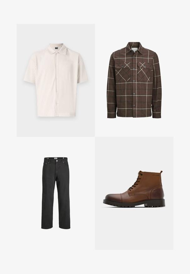 Hnedá károvaná flanelová košeľa s gombíkovým zapínaním vpredu, dvoma prednými vreckami a kontrastnými krémovými a tmavými pásikmi, pričom obsahuje klasický dizajn goliera.; Košeľa s krátkym rukávom, svetlo béžovej farby, s golierom a vertikálnymi prúžkami. Má zapínanie na gombíky a voľný strih. Mäkká textúra.; Čierne džíny so rovnými nohavicami vyrobené z bavlny, ktoré majú klasický dizajn s piatimi vreckami, zapínanie na gombík a jemné detaily prešívania.; Hnedé kožené členkové čižmy s okrúhlou špičkou, čiernymi šnúrkami a textúrovanou gumovou podrážkou. Obsahujú detail loga na boku a hladký povrch.