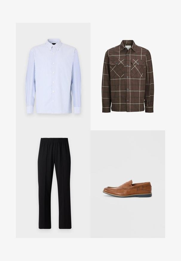 Brown plaid flannel shirt with a button-up front, two chest pockets, and contrasting cream and dark lines, featuring a classic collar design.; Light blue and white striped long-sleeve shirt featuring a button-down collar and white buttons. Smooth fabric with a relaxed fit.; Black, elastic-waist trousers with a straight-leg design, featuring a smooth texture and no visible patterns or hardware.; Brown leather loafers with a round toe, stitched accents, and a low rubber sole. The design features a band across the upper.