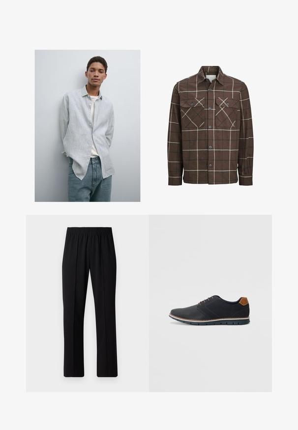 Camicia in flanella a scacchi marrone con chiusura a bottoni, due tasche sul petto e linee contrapposte in crema e scuro, dotata di un classico collo.; Camicia button-up a righe blu chiaro e bianca con colletto, abbinata a jeans in denim blu chiaro. Tessuto morbido, vestibilità comoda e maniche lunghe.; Pantaloni neri con vita elasticizzata e design a gamba dritta, caratterizzati da una texture liscia e senza motivi o hardware visibili.; Scarpe sintetiche nere con tomaia testurizzata, dettagli lisci, tacco marrone e suola a contrasto. Presentano una lacerazione minimale e dettagli di cucitura.