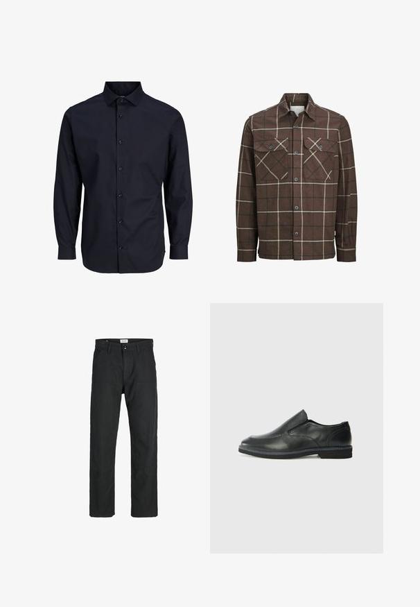 Brązowa koszula flanelowa w kratę z zapięciem na guziki z przodu, dwiema kieszeniami na piersi oraz kontrastowymi kremowymi i ciemnymi liniami, z klasycznym kołnierzykiem.; Granatowa koszula zapinana na guziki z długimi rękawami, standardowym kołnierzykiem, przodem z zapięciem, gładką fakturą i mankietami na jeden guzik.; Czarne spodnie wykonane z trwałego materiału, z prostym krojem nóg, przeszyciami i dwiema przednimi kieszeniami dla funkcjonalności.; Czarne skórzane buty wsuwane z gładką cholewką, przeszyciami, okrągłym noskiem i niskim gumowym obcasem. Podeszwa ma minimalny bieżnik.