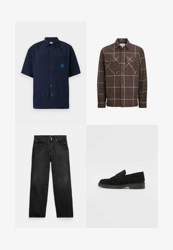 Pruun ruuduline flanellist särk, millel on nööbid ees, kaks rinna taskut ja kontrastsed kreemja ja tumeda joonega, klassikalise krae kujundusega.; Tumesinine lühikeste varrukatega nööbiga särk, mis on valmistatud kergetest materjalidest, sisaldab rinnataskut, millel on teel roheline GAP-i logo plaastriga.; Mustaskid mustad teksad, millel on lõtvist lõige, viis taskut, nööbivääristamine ja kergelt fades sead.; Mustad sametist loafers madala kontsaga, millel on lihtne riba ülaservas ja tekstuuritud detailid külgedel.