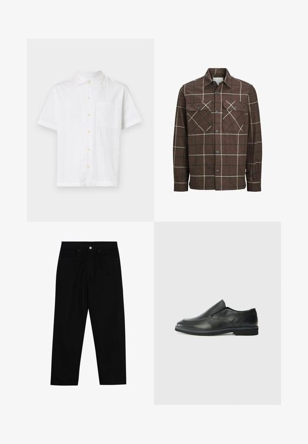 Rudas languotas flanelinis marškiniais su mygtukų uždarymu priekyje, dviem krūtinės kišenėmis ir kontrastingomis kremine ir tamsiomis linijomis, turintis klasikinio tipo apykaklę.; Balta trumpomis rankovėmis marškiniai su mygtukų užsegimu, turintys vieną kišenę, tekstūruota medžiaga ir šviesiai geltonos mygtukai.; Juoda džinsinė kelnė su tiesiu kirpimu, penkių kišenių dizainu ir priekiniais mygtukais. Lygus paviršius su minimaliu siuvimo detalėmis.; Juodai odiniai įtvirtinimo batai su lygiu paviršiumi, siuvinėjimo akcentais, apvalia nosimi ir žemu guminiu kulnu. Pado raštas minimalus.