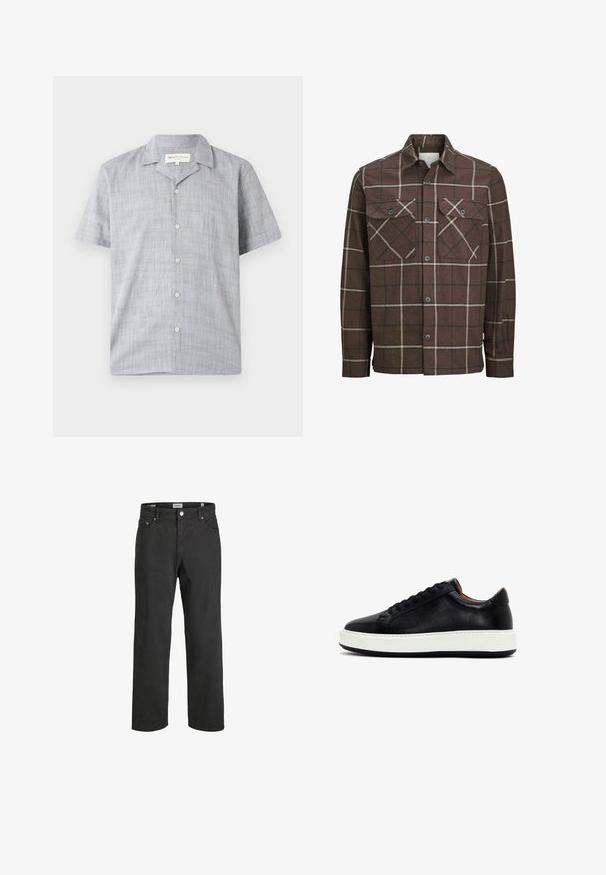 Brązowa koszula flanelowa w kratę z zapięciem na guziki z przodu, dwiema kieszeniami na piersi oraz kontrastowymi kremowymi i ciemnymi liniami, z klasycznym kołnierzykiem.; Koszula z krótkim rękawem w jasnoszarym kolorze, wykonana z fakturowanej tkaniny. Posiada kołnierzyk, sześć guzików i luźny krój.; Czarne dżinsy o prostym kroju, wykonane z bawełny, z klasycznym pięciopocketowym designem, zapięciem na guzik oraz subtelnymi detalami w szwie.; Czarne skórzane trampki z zaokrąglonym noskiem, płaską białą gumową podeszwą i czarnymi sznurowadłami. Gładka tekstura i minimalistyczny design.