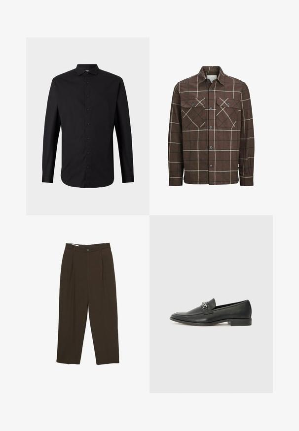 Hnědá kostkovaná flanelová košile s knoflíkovým zapínáním vpředu, dvěma náprsními kapsami a kontrastními krémovými a tmavými pruhy, s klasickým límečkem.; Černá dlouhá košile s dlouhým rukávem vyrobená z tkané látky, s knoflíkovým zapínáním vpředu, límcem a klasickým střihem. Hladká textura a minimalistický design.; Tmavě hnědé kalhoty na míru s předními sklady, poutky na pás a knoflíkovým zapínáním v pase.; Černé kožené mokasíny s hladkým povrchem, s prošívaným designem a dekoračním kovovým řetízkem přes nárt. Plochý podpatek.