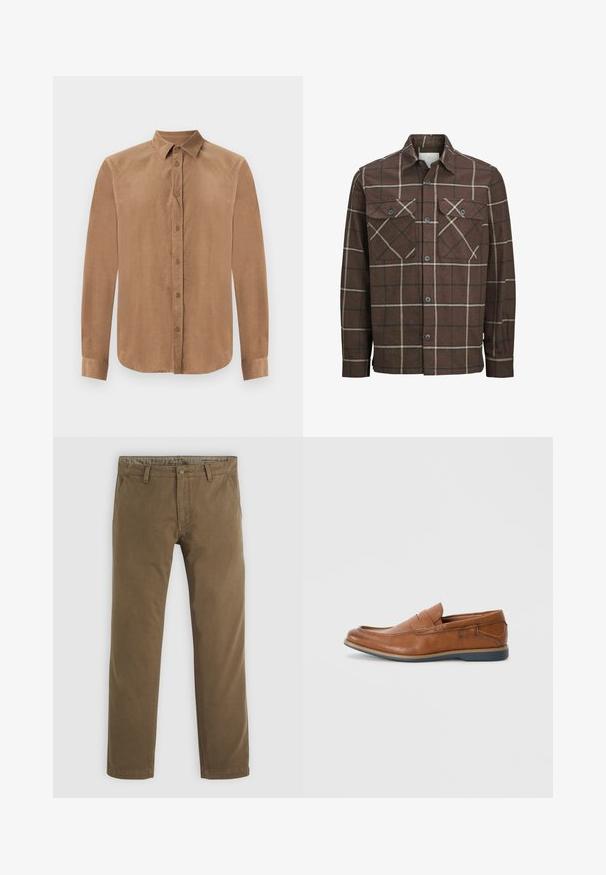 Braun kariertes Flanellhemd mit Knopfverschluss, zwei Brusttaschen und kontrastierenden cremefarbenen und dunklen Linien, ausgestattet mit einem klassischen Kragendesign.; Braunes, langärmliges Button-Up-Hemd aus weichem Stoff, mit klassischem Kragen und vorderer Knopfleiste. Glatte Textur mit geradem Schnitt.; Khakifarbene Baumwollhose mit geradem Bein, ausgestattet mit einem Knopfverschluss, zwei vorderen Taschen und einer glatten Textur.; Braune Lederloafers mit runder Spitze, gesteppten Akzenten und einer niedrigen Gummisohle. Das Design verfügt über ein Band über dem oberen Teil.