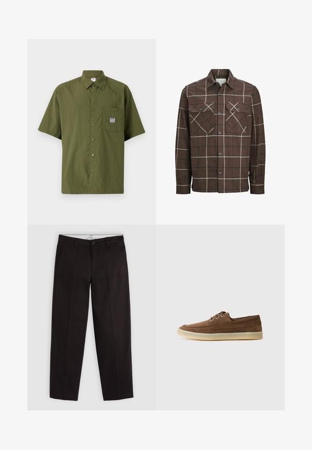 Hnědá kostkovaná flanelová košile s knoflíkovým zapínáním vpředu, dvěma náprsními kapsami a kontrastními krémovými a tmavými pruhy, s klasickým límečkem.; Krátký rukáv košile z olivově zelené látky s límečkem na knoflíček, s náprsní kapsou a šedou nášivkou loga GAP.; Černé chinos s rovnými nohavicemi, poutky na opasek, knoflíkovým zapínáním a bočními kapsami, vystavené na světle šedém pozadí.; Hnědé semišové boty s nízkým profilem, šněrovacím designem, gumovou podrážkou a kontrastními švy. Jednoduchý a funkční styl.