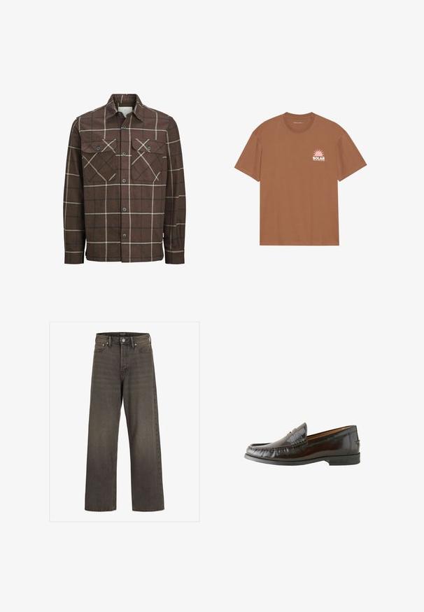 Rudas languotas flanelinis marškiniais su mygtukų uždarymu priekyje, dviem krūtinės kišenėmis ir kontrastingomis kremine ir tamsiomis linijomis, turintis klasikinio tipo apykaklę.; Rudas trumpas rankovėmis marškinėliai, pagaminti iš medvilnės, su rožiniu saulės grafinu ir užrašu "SOLAR" kairėje krūtinės pusėje. Apvalaus iškirpimo fasonas.; Plati kojinės džinsai tamsiai pilkos spalvos džinsinio audinio, su aukštu liemeniu, klasikinio penkių kišenių dizainu ir kontrastinga siuvimo linija siūlėse.; Rudi odiniai loafersai su lygiu paviršiumi, siuvinėtų detalių, žemu kulnu ir apvaliu pirštu. Padas juodas, guminis, užtikrinantis sukibimą.