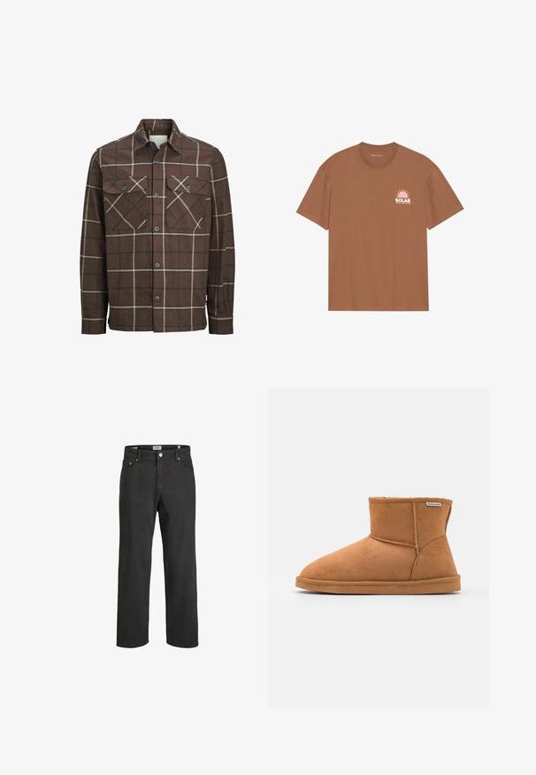 Rudas languotas flanelinis marškiniais su mygtukų uždarymu priekyje, dviem krūtinės kišenėmis ir kontrastingomis kremine ir tamsiomis linijomis, turintis klasikinio tipo apykaklę.; Rudas trumpas rankovėmis marškinėliai, pagaminti iš medvilnės, su rožiniu saulės grafinu ir užrašu "SOLAR" kairėje krūtinės pusėje. Apvalaus iškirpimo fasonas.; Juodi tiesūs džinsai, pagaminti iš medvilnės, su klasikinio penkių kišenių dizainu, mygtuko uždarymu ir subtiliais siuvinėjimo elementais.; Rudona zomšinė kulkšninių batai su apvaliu pirštu, minkšta vidine danga, siuvinėjimo detalėmis ir guminėmis padangomis. Prekės ženklas matomas šone.