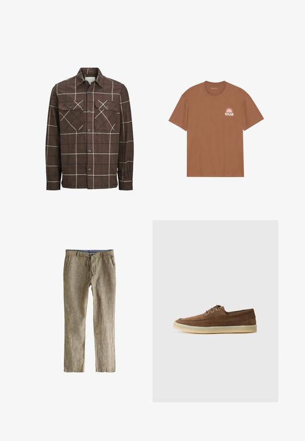 Braun kariertes Flanellhemd mit Knopfverschluss, zwei Brusttaschen und kontrastierenden cremefarbenen und dunklen Linien, ausgestattet mit einem klassischen Kragendesign.; Braunes Kurzarm-T-Shirt aus Baumwolle mit einem rosa Sonnenmotiv und dem Text "SOLAR" auf der linken Brust. Mit Rundhalsausschnitt.; Leinenmischungshose in Hellbraun mit strukturierter Oberfläche, mit einem Zugbandbund und seitlichen Taschen. Leicht und im geraden Schnitt.; Braune Wildlederschuhe mit niedriger Profilhöhe, Schnürdesign, Gummisohle und kontrastierenden Nähdetails. Schlichtes und funktionales Design.