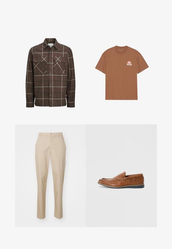 Cămașă din flanel cu carouri maro, cu deschidere în față cu nasturi, două buzunare pe piept și linii contrastante crem și închise, având un design clasic al gulerului.; Tricou scurt din bumbac, de culoare maro, cu un grafic al unui soare roz și textul "SOLAR" pe partea stângă a pieptului. Design cu guler rotund.; Pantaloni bej, croiți pe măsură, cu o tăietură dreptă, închidere cu un nasture și talie plată. Confectionați dintr-un material neted, fără modele vizibile.; Mocasini din piele maro cu vârf rotund, accente cusute și talpă joasă din cauciuc. Designul include o bandă pe partea superioară.