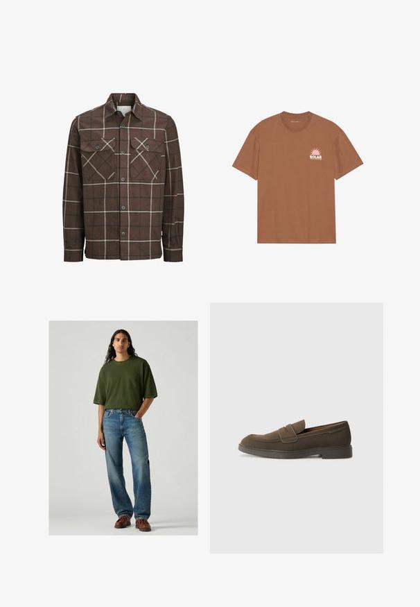 Braun kariertes Flanellhemd mit Knopfverschluss, zwei Brusttaschen und kontrastierenden cremefarbenen und dunklen Linien, ausgestattet mit einem klassischen Kragendesign.; Braunes Kurzarm-T-Shirt aus Baumwolle mit einem rosa Sonnenmotiv und dem Text "SOLAR" auf der linken Brust. Mit Rundhalsausschnitt.; Grünes T-Shirt mit kurzen Ärmeln und einer Brusttasche, kombiniert mit hellblauen Jeans. Das Model steht in braunen Schuhen vor einem grauen Hintergrund.; Braunes Wildleder-Loafer mit runder Kappe, einem Riemen über dem Spann und einer flachen Gummisohle. Einfaches Design mit klaren Linien und minimalen Details.