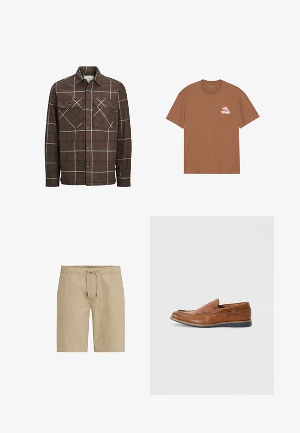 Braun kariertes Flanellhemd mit Knopfverschluss, zwei Brusttaschen und kontrastierenden cremefarbenen und dunklen Linien, ausgestattet mit einem klassischen Kragendesign.; Braunes Kurzarm-T-Shirt aus Baumwolle mit einem rosa Sonnenmotiv und dem Text "SOLAR" auf der linken Brust. Mit Rundhalsausschnitt.; Beige Shorts aus weichem Stoff, mit einem elastischen Bund und Kordelzug sowie seitlichen Taschen, im geraden Schnitt gestaltet.; Braune Lederloafers mit runder Spitze, gesteppten Akzenten und einer niedrigen Gummisohle. Das Design verfügt über ein Band über dem oberen Teil.