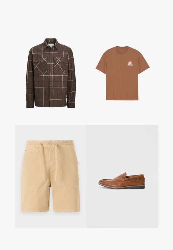 Pruun ruuduline flanellist särk, millel on nööbid ees, kaks rinna taskut ja kontrastsed kreemja ja tumeda joonega, klassikalise krae kujundusega.; Pruun lühikeste varrukatega T-särk, mis on valmistatud puuvillast, sisaldab roosa päikese graafikat ja "SOLAR" teksti vasakul rinnal. Ümmarguse kaelusega disain.; Kreemi värvi puuvillased lühikesed püksid, millel on nööri vöökoht, esikotid ja nähtavad õmblused. Lihtne, igapäevane disain.; Prunadest nahkkingad ümmarguse varbaga, õmmeldud detailide ja madala kummitaldaga. Disain sisaldab riba üleval.