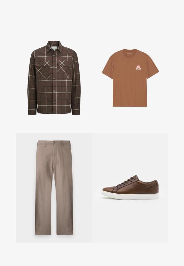 Brūns škots flaneles krekls ar pogu priekšā, divām krūšu kabatām un kontrastējošām krēmkrāsas un tumšām līnijām, ar klasisku apkakles dizainu.; Brūna īsām piedurknēm T-krekls, kas izgatavots no kokvilnas, ar rozā saules grafiku un tekstu "SOLAR" uz kreisā krūšu daļas. Ar apaļu kakla izgriezumu.; Beige taisnas kājas bikses, izgatavotas no viegla auduma, ar pogu aizdari, priekšējām kabatām un tīru šuvumu.; Brūni ādas sporta apavi ar noapaļotu purngalu, balta gumijas zole un pieci auklu caurumi. Satur diskrētu zīmolu uz papēža.