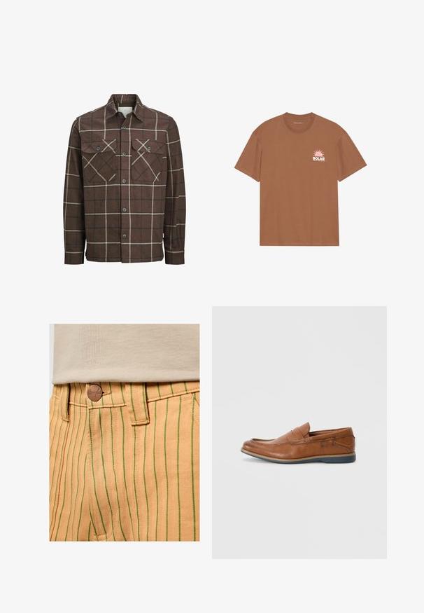 Camicia in flanella a scacchi marrone con chiusura a bottoni, due tasche sul petto e linee contrapposte in crema e scuro, dotata di un classico collo.; T-shirt marrone a maniche corte in cotone, con una grafica di un sole rosa e il testo "SOLAR" sul lato sinistro del petto. Design con scollo rotondo.; Pantaloni a strisce tan con linee verdi verticali, dotati di un bottone marrone alla vita, cuciture dettagliate e una texture a spina di pesce.; Mocassini in pelle marrone con punta tondeggiante, dettagli cuciti e suola in gomma bassa. Il design presenta una banda sulla parte superiore.