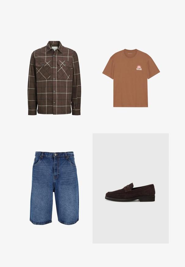 Brown plaid flannel shirt with a button-up front, two chest pockets, and contrasting cream and dark lines, featuring a classic collar design.; Brown short-sleeve t-shirt made of cotton, featuring a pink sun graphic and "SOLAR" text on the left chest. Crew neck design.; Denim shorts in medium blue, featuring a classic design, five pockets, and a zip fly with a button closure. Rough texture and straight cut.; Brown suede loafers with a low profile and rounded toe. Features a decorative strap across the upper, flat rubber sole, and no visible stitching.