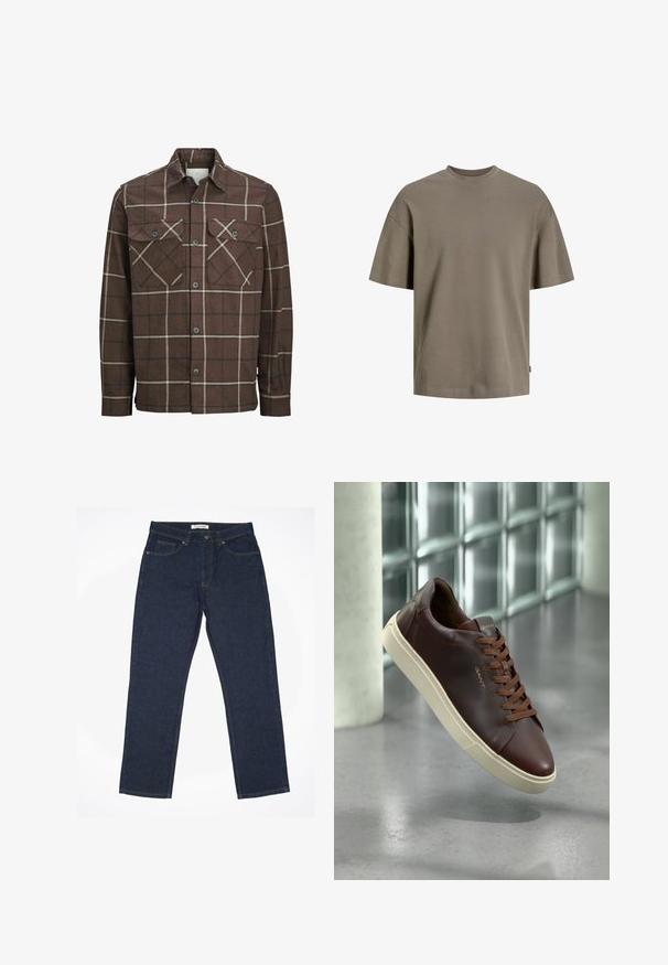 Brown plaid flannel shirt with a button-up front, two chest pockets, and contrasting cream and dark lines, featuring a classic collar design.; Cotton t-shirt in muted olive green; features a round neck, short sleeves, and a relaxed fit with minimal stitching detail.; Dark blue jeans made of denim, featuring a straight cut, five-pocket design, and contrasting stitching along seams.; Brown leather sneaker with a rounded toe, brown laces, and a beige rubber sole. Features minimal branding on the side.