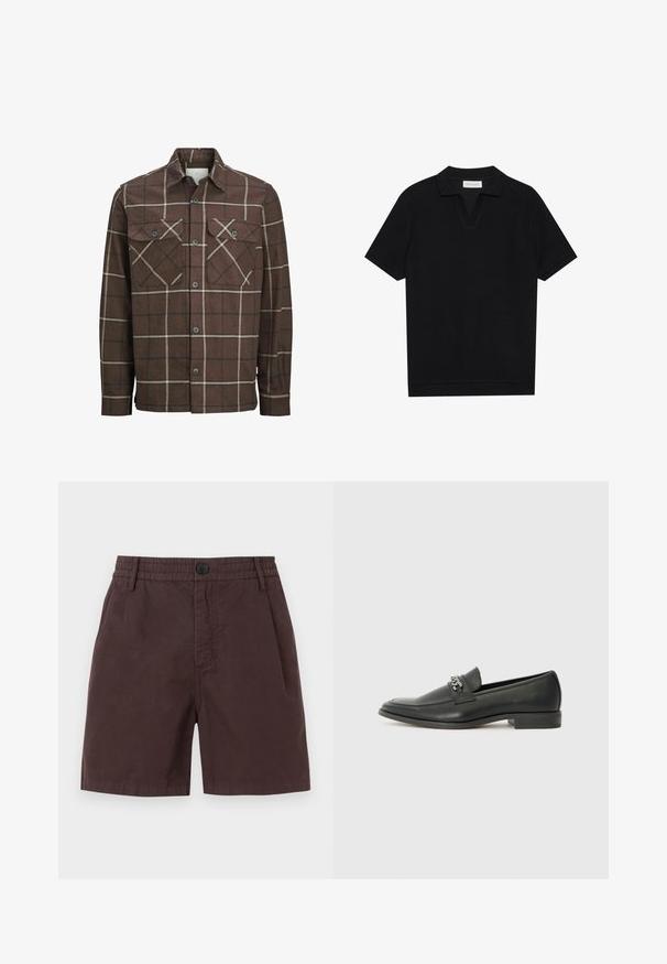 Cămașă din flanel cu carouri maro, cu deschidere în față cu nasturi, două buzunare pe piept și linii contrastante crem și închise, având un design clasic al gulerului.; Tricou polo negru cu mânecă scurtă, dintr-un material texturat, cu un decolteu în formă de V și un tiv drept. Fără logo-uri sau modele vizibile.; Shorts din bumbac maro cu talie elastică și închidere cu un singur buton. Au buzunare laterale și o textură netedă.; Pantofii negri din piele cu un finisaj neted, având un design cusut și un accent decorativ de lanț metalic peste partea de sus. Toc plat.